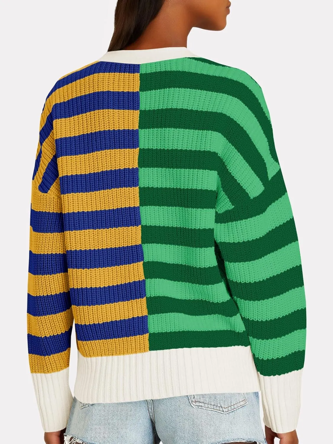 Saodimallsu Womens Striped Cardigans Color Block Button V Neck Open Front Ribbed Knit Loose Trendy Sweater Coats