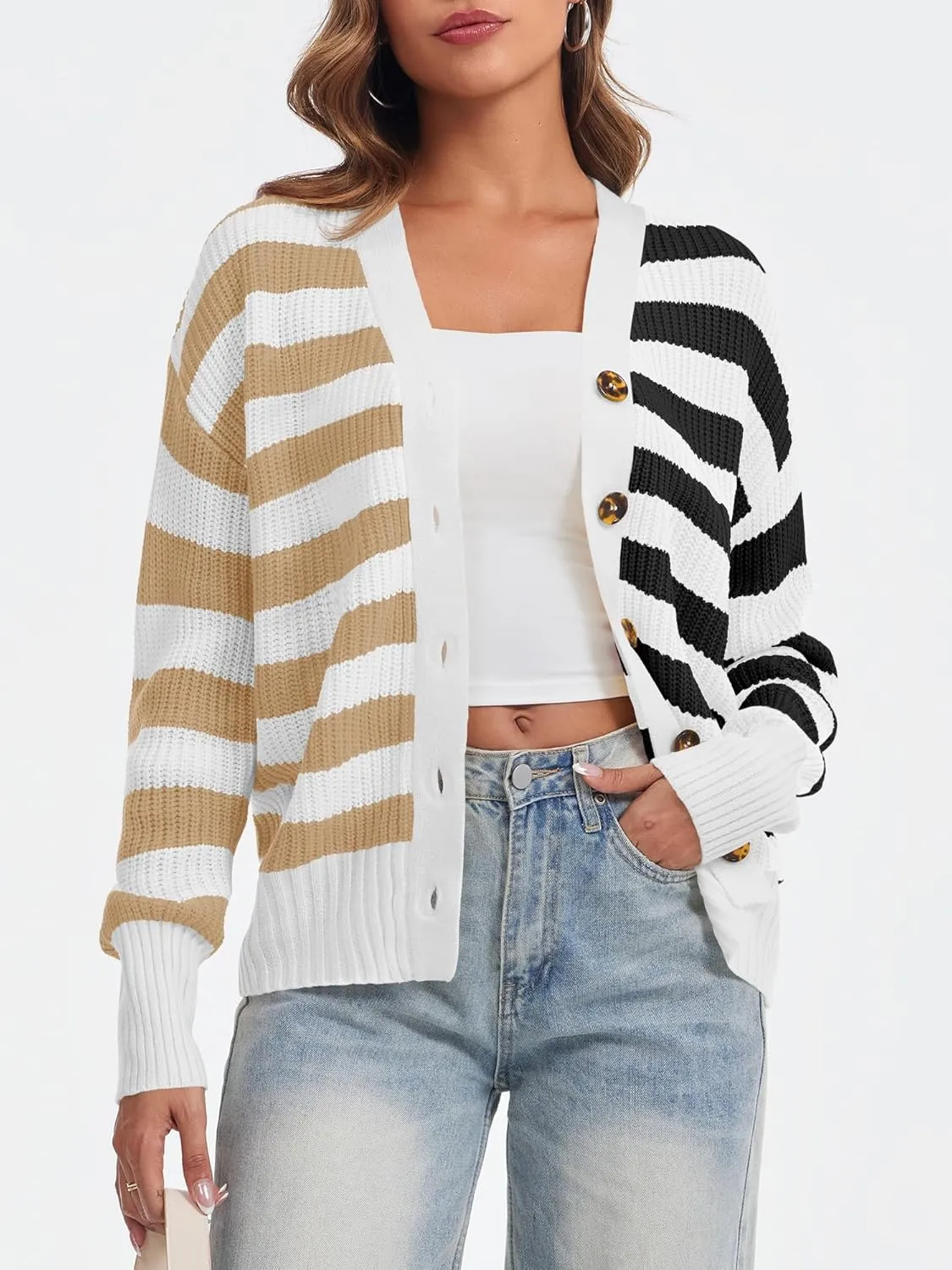 Saodimallsu Womens Striped Cardigans Color Block Button V Neck Open Front Ribbed Knit Loose Trendy Sweater Coats