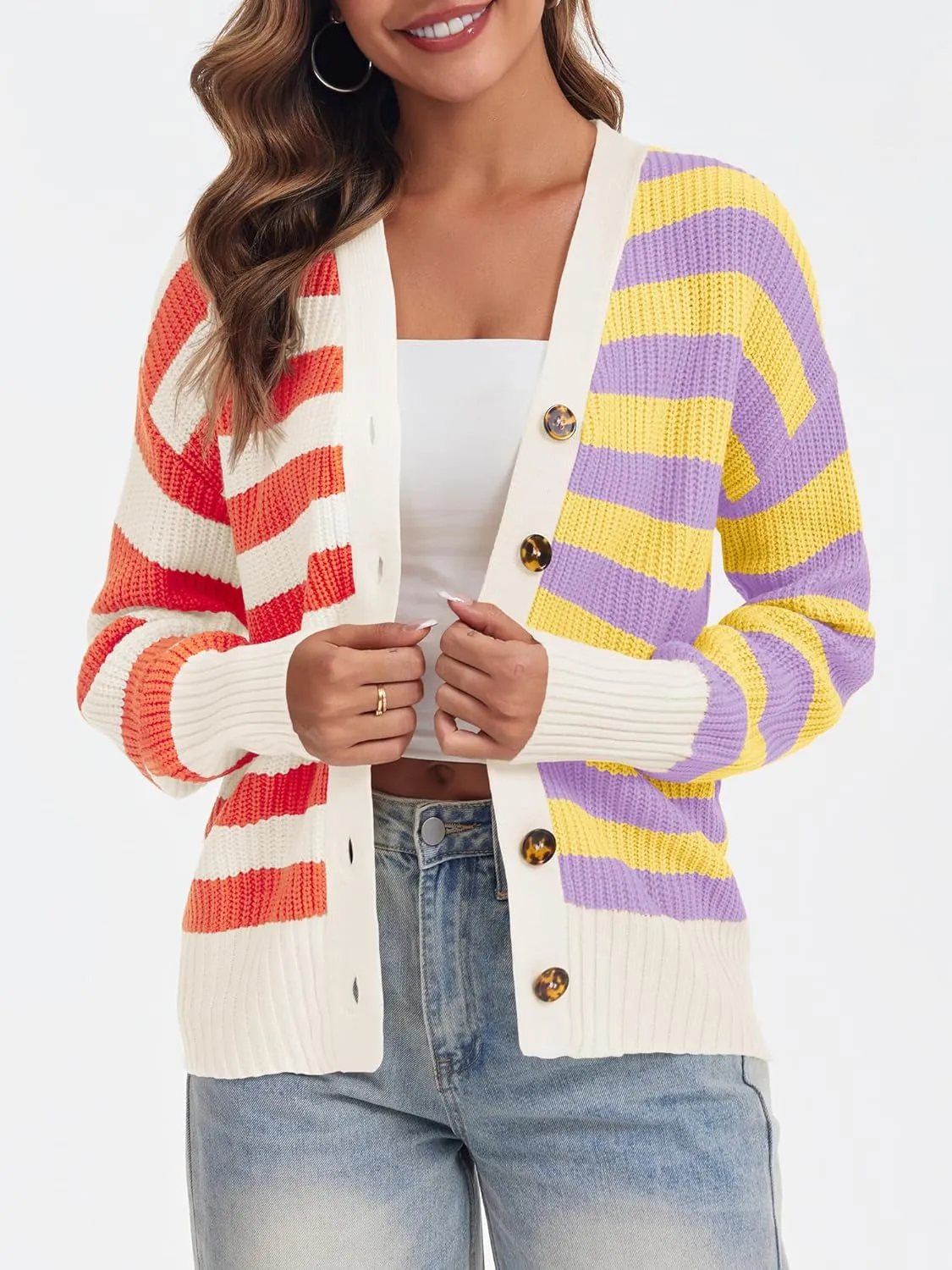 Saodimallsu Womens Striped Cardigans Color Block Button V Neck Open Front Ribbed Knit Loose Trendy Sweater Coats