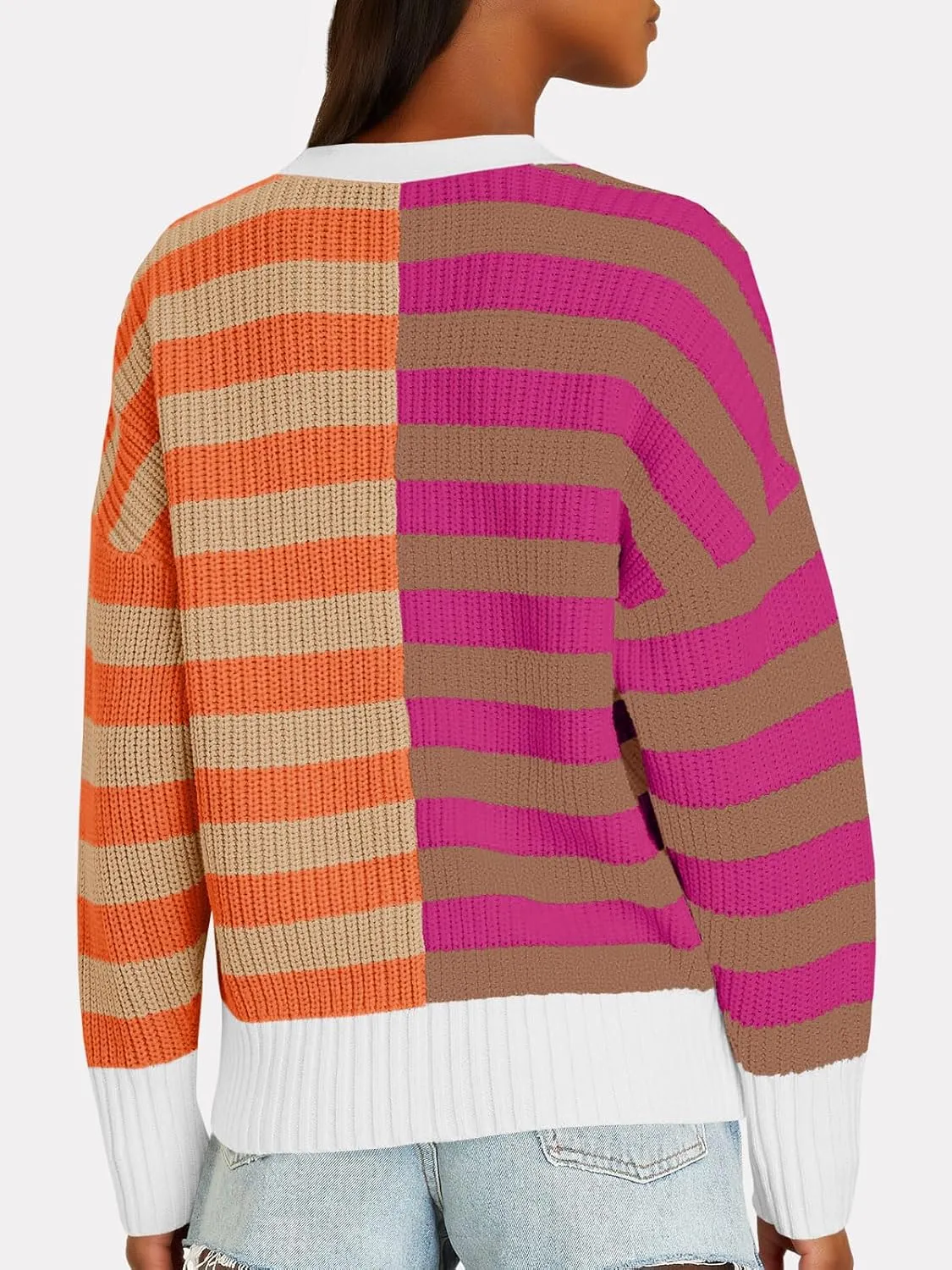 Saodimallsu Womens Striped Cardigans Color Block Button V Neck Open Front Ribbed Knit Loose Trendy Sweater Coats