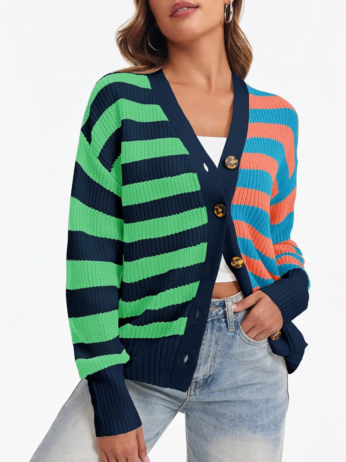 Saodimallsu Womens Striped Cardigans Color Block Button V Neck Open Front Ribbed Knit Loose Trendy Sweater Coats