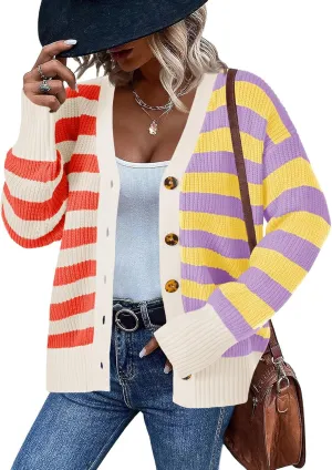 Saodimallsu Womens Striped Cardigans Color Block Button V Neck Open Front Ribbed Knit Loose Trendy Sweater Coats