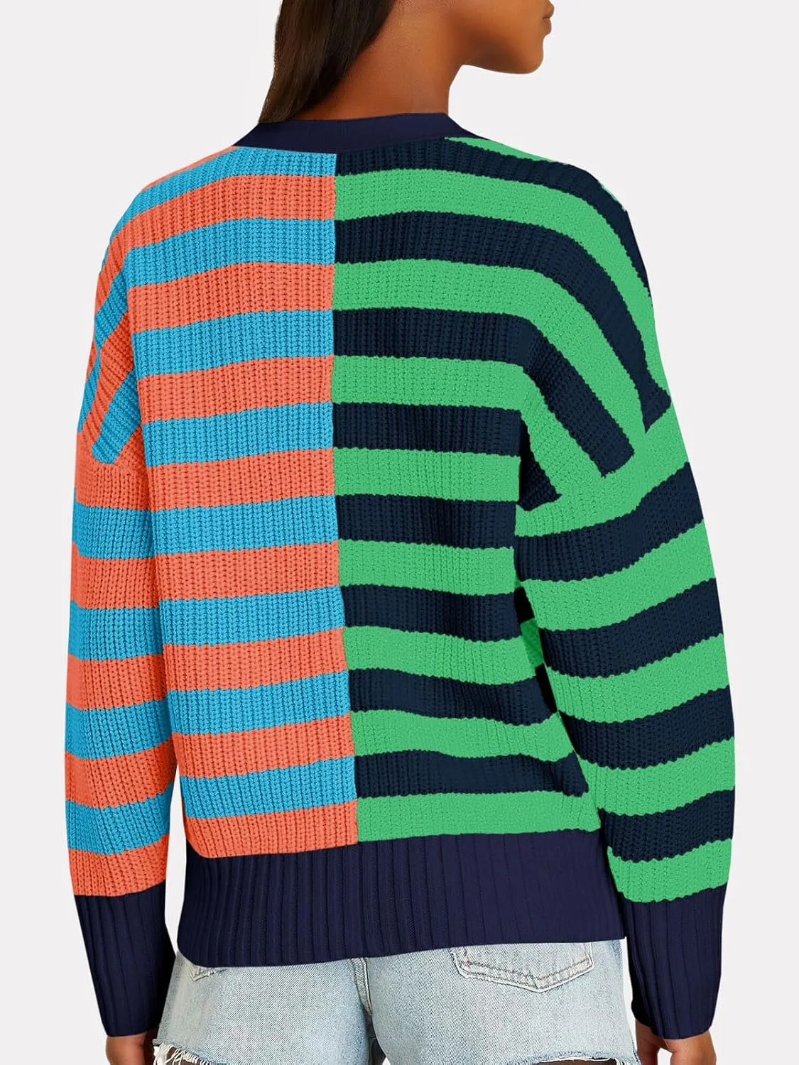 Saodimallsu Womens Striped Cardigans Color Block Button V Neck Open Front Ribbed Knit Loose Trendy Sweater Coats