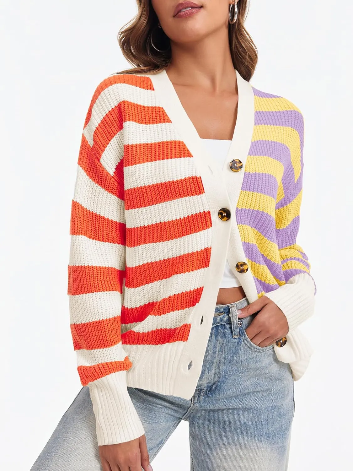 Saodimallsu Womens Striped Cardigans Color Block Button V Neck Open Front Ribbed Knit Loose Trendy Sweater Coats