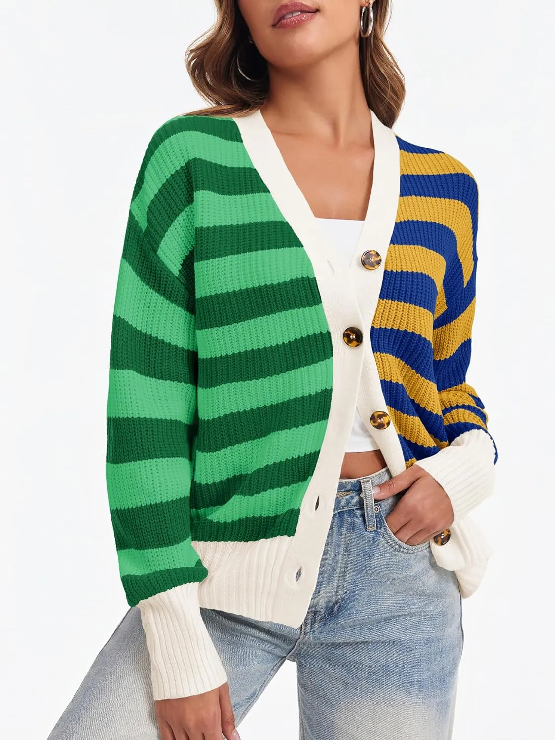 Saodimallsu Womens Striped Cardigans Color Block Button V Neck Open Front Ribbed Knit Loose Trendy Sweater Coats