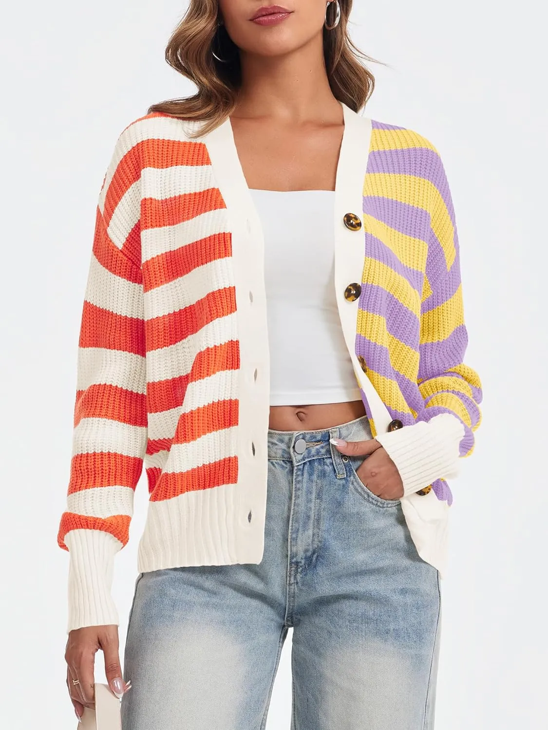 Saodimallsu Womens Striped Cardigans Color Block Button V Neck Open Front Ribbed Knit Loose Trendy Sweater Coats