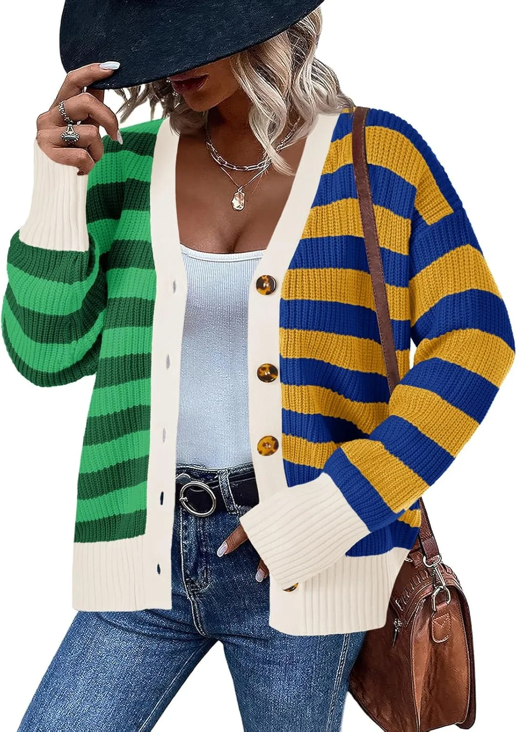 Saodimallsu Womens Striped Cardigans Color Block Button V Neck Open Front Ribbed Knit Loose Trendy Sweater Coats