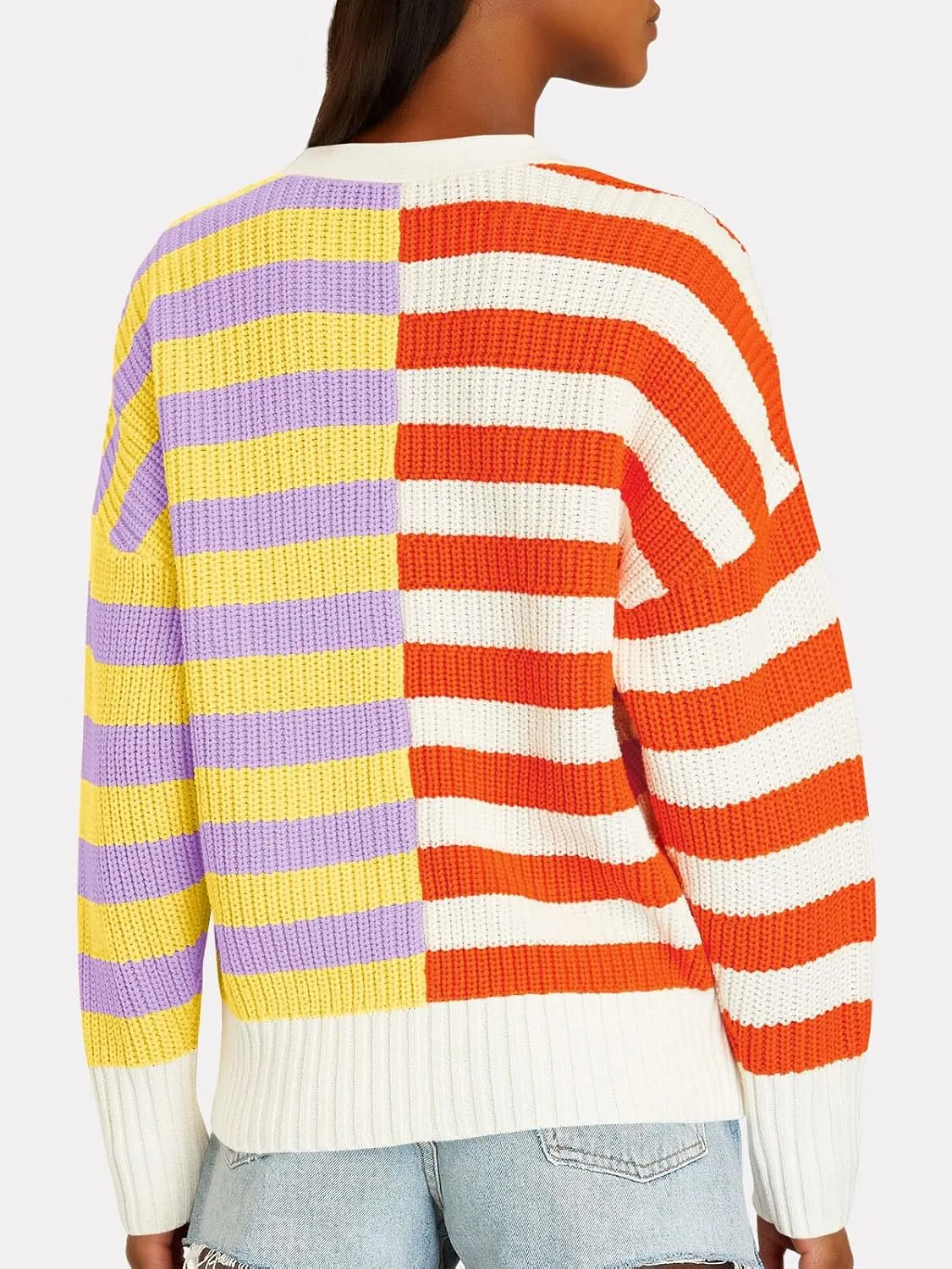 Saodimallsu Womens Striped Cardigans Color Block Button V Neck Open Front Ribbed Knit Loose Trendy Sweater Coats