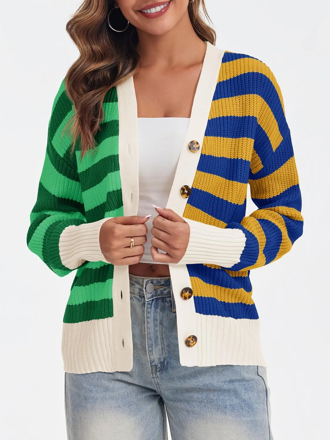 Saodimallsu Womens Striped Cardigans Color Block Button V Neck Open Front Ribbed Knit Loose Trendy Sweater Coats