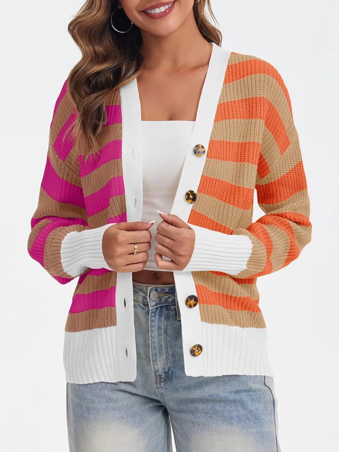 Saodimallsu Womens Striped Cardigans Color Block Button V Neck Open Front Ribbed Knit Loose Trendy Sweater Coats