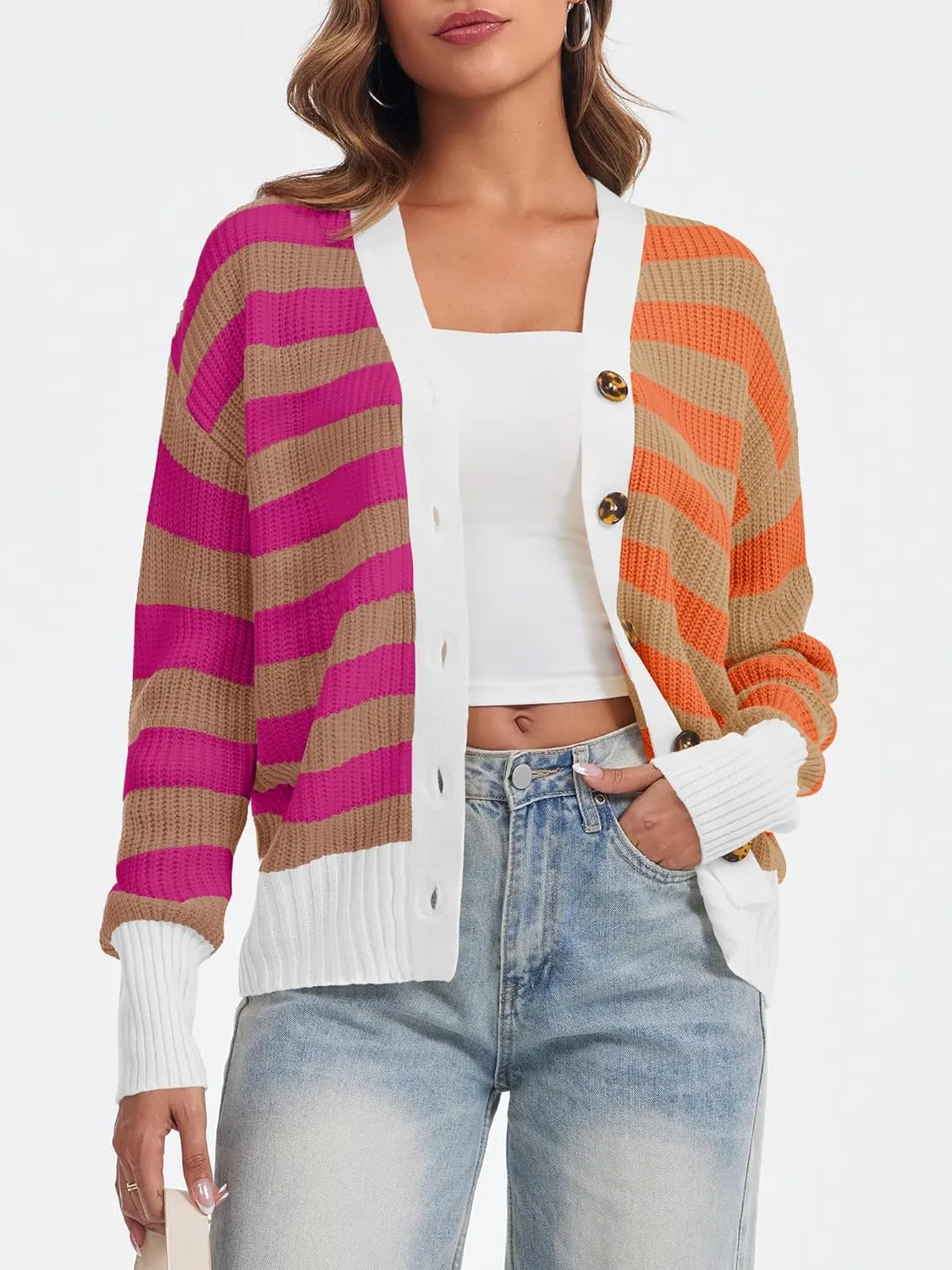 Saodimallsu Womens Striped Cardigans Color Block Button V Neck Open Front Ribbed Knit Loose Trendy Sweater Coats