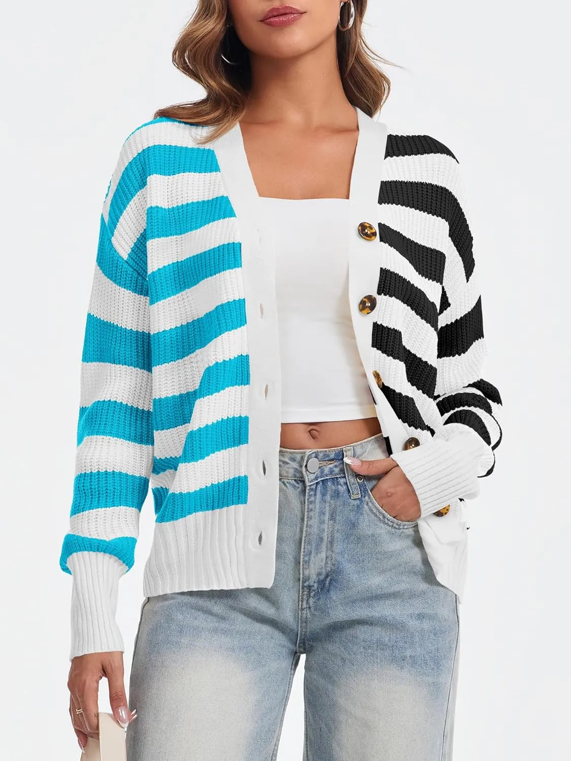Saodimallsu Womens Striped Cardigans Color Block Button V Neck Open Front Ribbed Knit Loose Trendy Sweater Coats