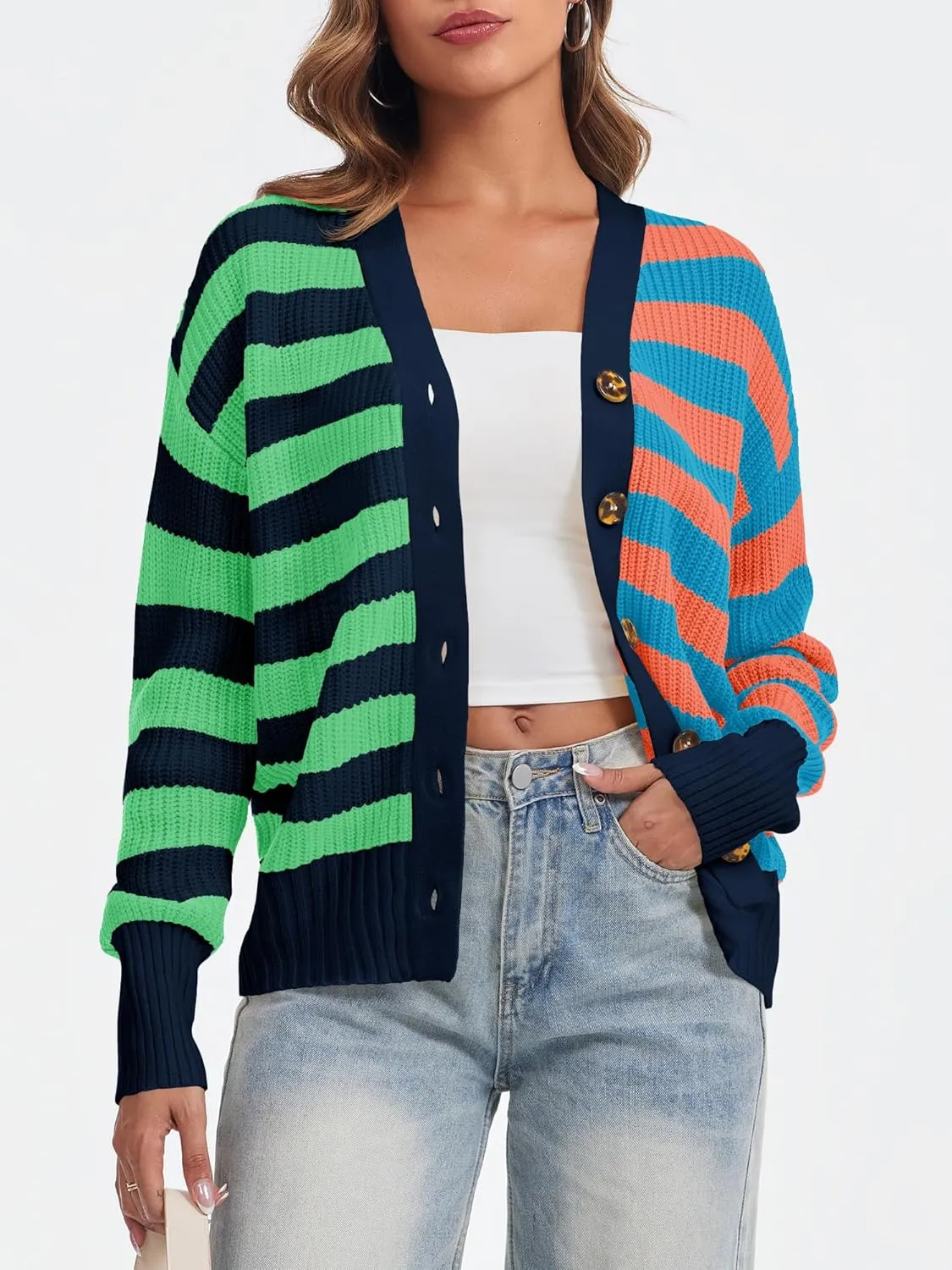 Saodimallsu Womens Striped Cardigans Color Block Button V Neck Open Front Ribbed Knit Loose Trendy Sweater Coats