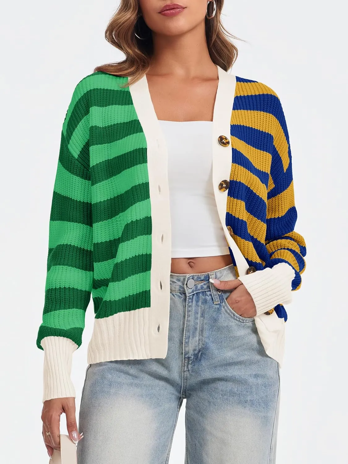 Saodimallsu Womens Striped Cardigans Color Block Button V Neck Open Front Ribbed Knit Loose Trendy Sweater Coats