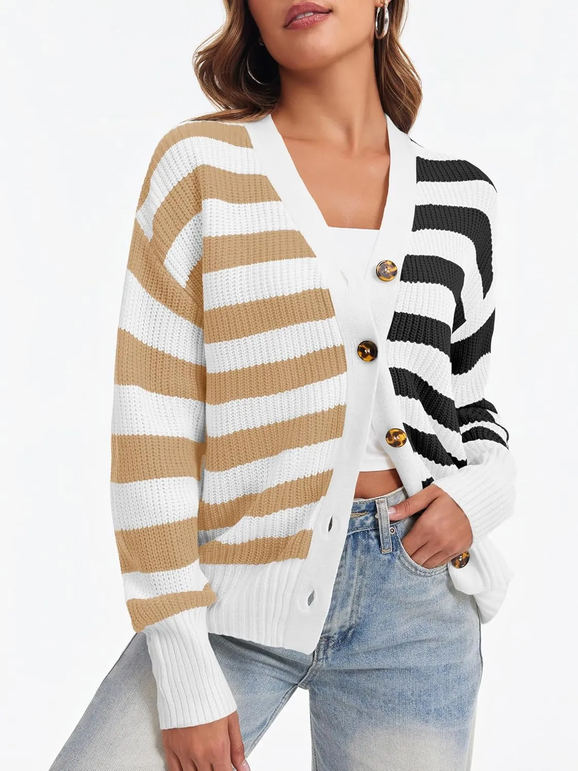 Saodimallsu Womens Striped Cardigans Color Block Button V Neck Open Front Ribbed Knit Loose Trendy Sweater Coats