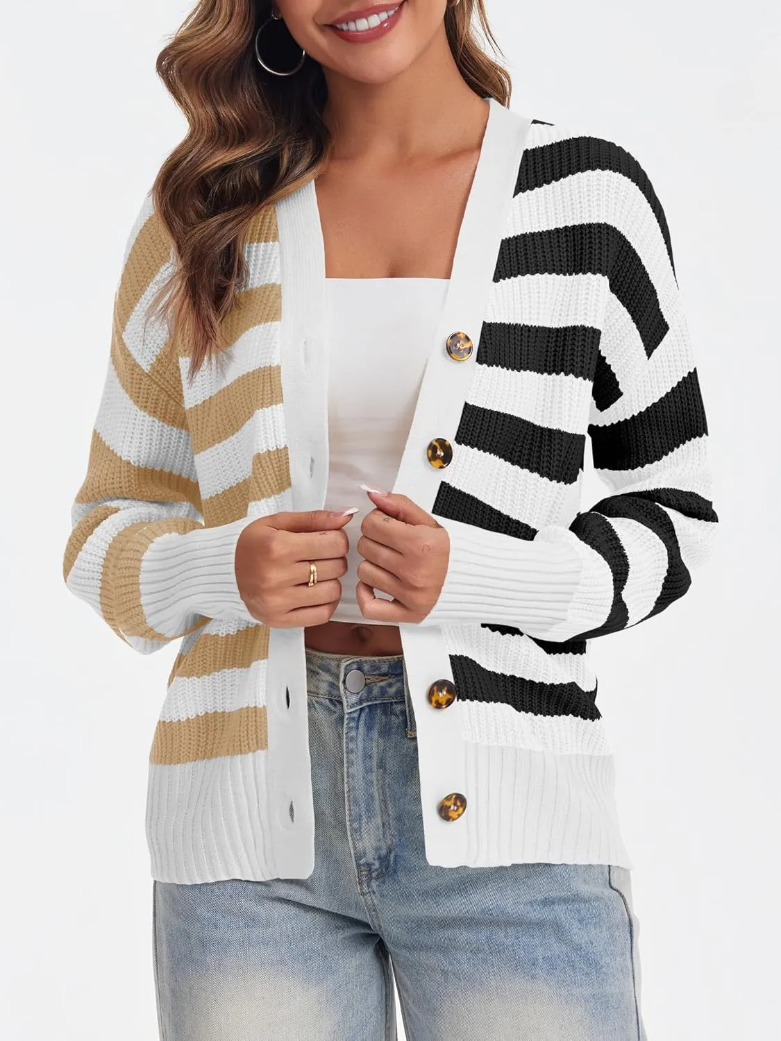 Saodimallsu Womens Striped Cardigans Color Block Button V Neck Open Front Ribbed Knit Loose Trendy Sweater Coats