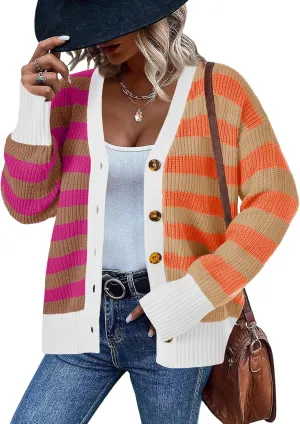 Saodimallsu Womens Striped Cardigans Color Block Button V Neck Open Front Ribbed Knit Loose Trendy Sweater Coats