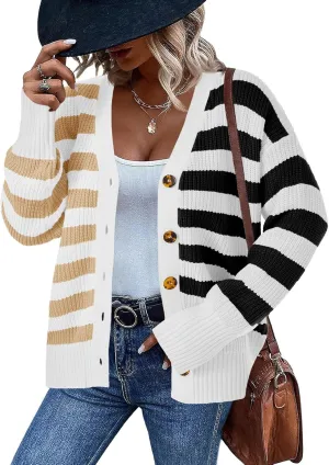 Saodimallsu Womens Striped Cardigans Color Block Button V Neck Open Front Ribbed Knit Loose Trendy Sweater Coats