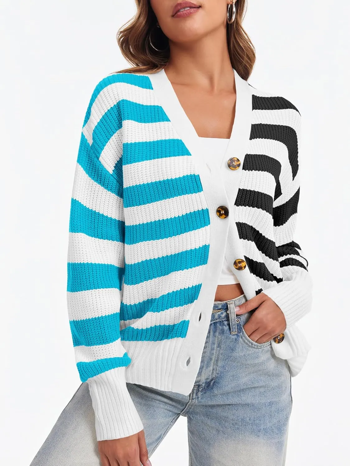 Saodimallsu Womens Striped Cardigans Color Block Button V Neck Open Front Ribbed Knit Loose Trendy Sweater Coats