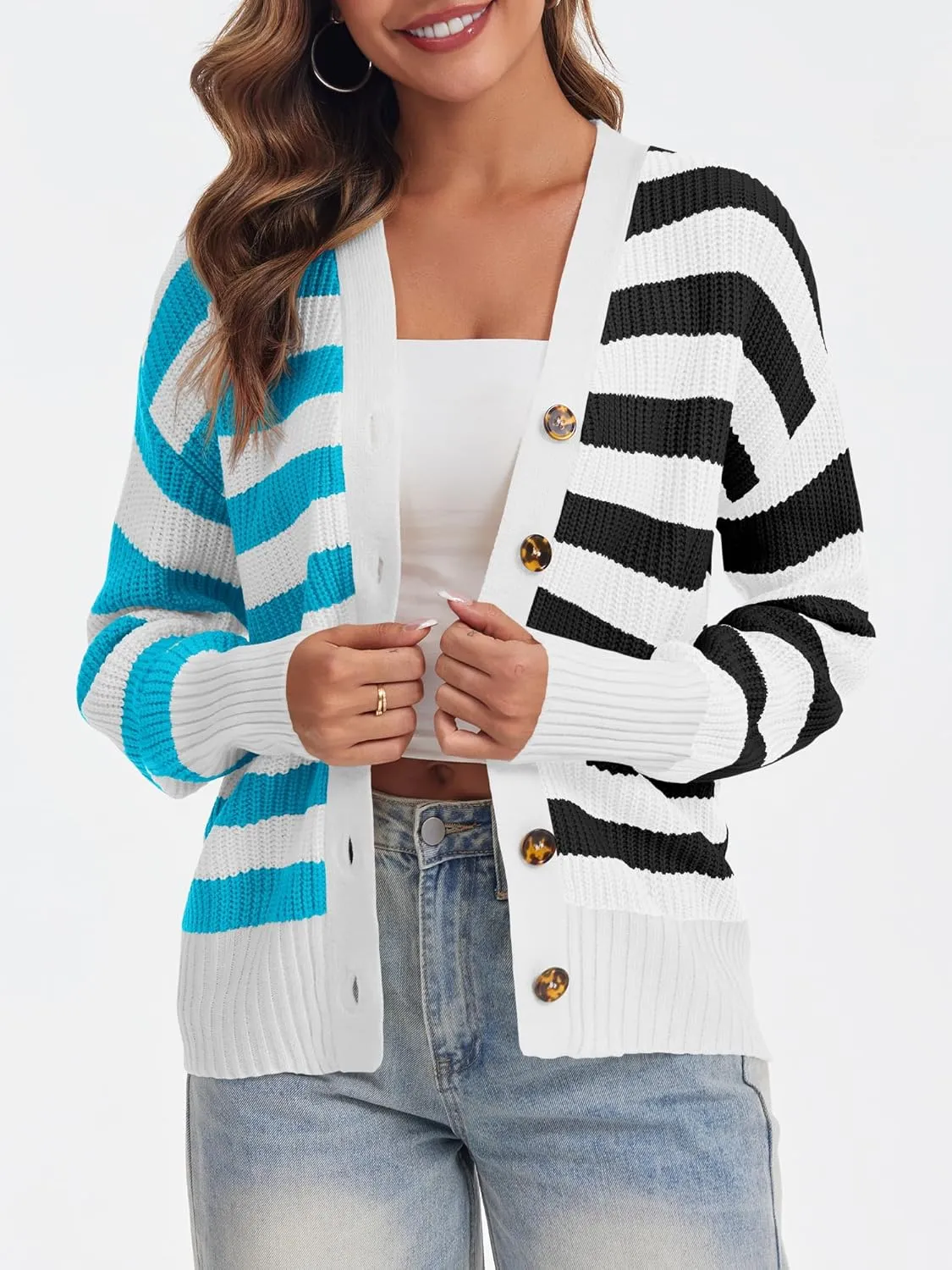 Saodimallsu Womens Striped Cardigans Color Block Button V Neck Open Front Ribbed Knit Loose Trendy Sweater Coats