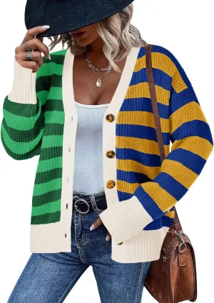 Saodimallsu Womens Striped Cardigans Color Block Button V Neck Open Front Ribbed Knit Loose Trendy Sweater Coats