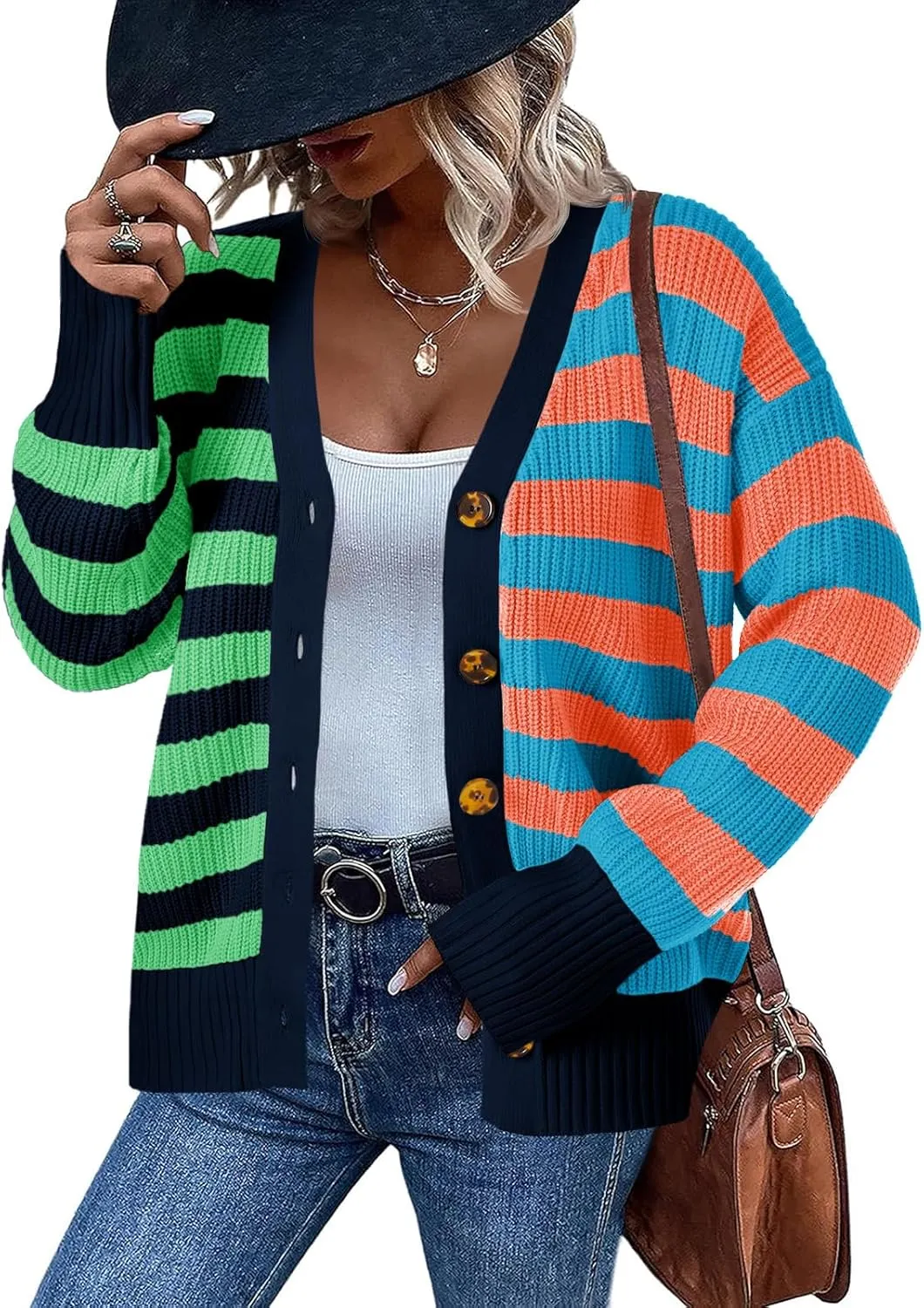 Saodimallsu Womens Striped Cardigans Color Block Button V Neck Open Front Ribbed Knit Loose Trendy Sweater Coats