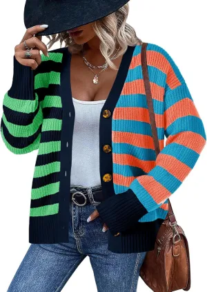 Saodimallsu Womens Striped Cardigans Color Block Button V Neck Open Front Ribbed Knit Loose Trendy Sweater Coats