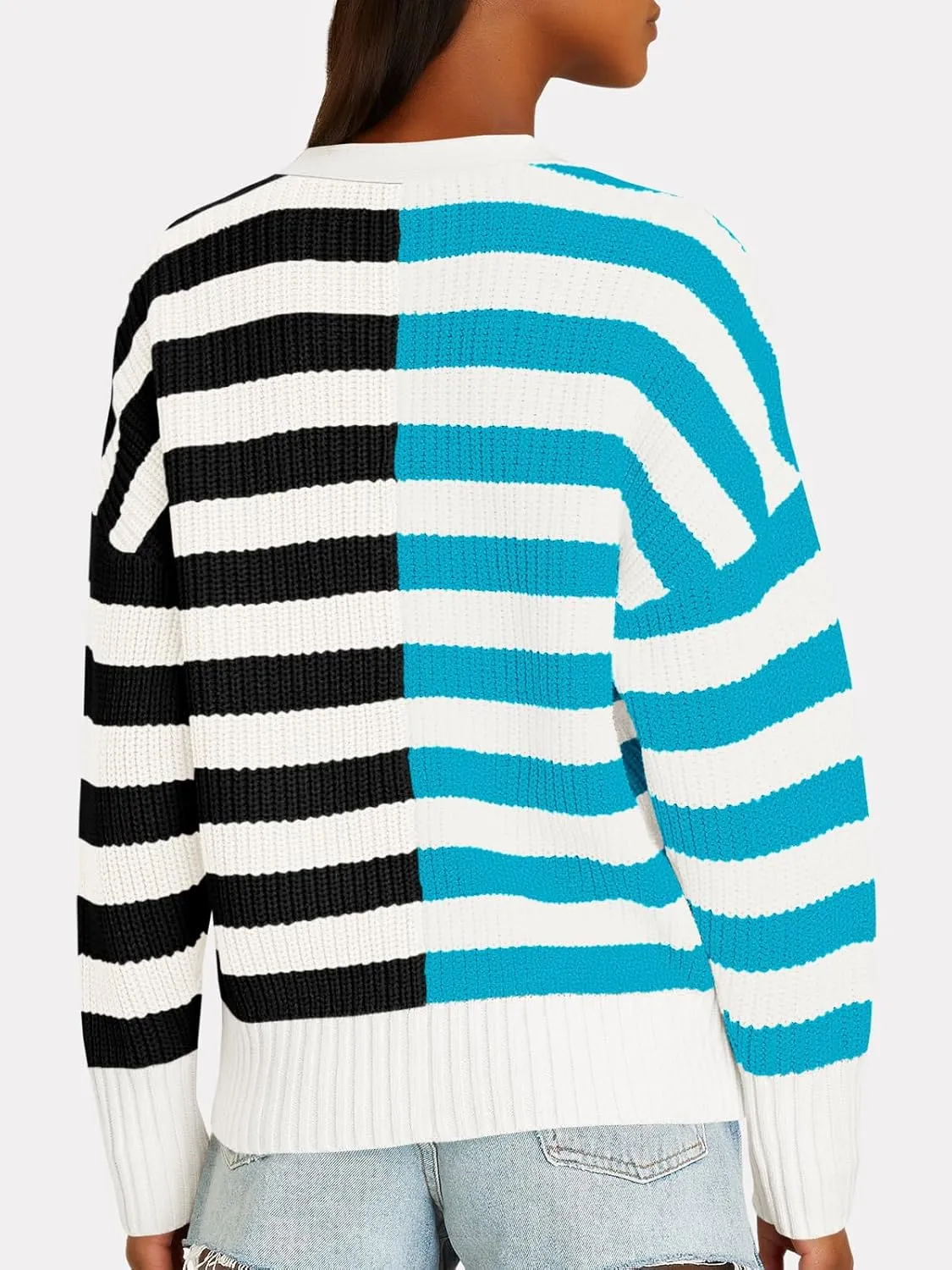 Saodimallsu Womens Striped Cardigans Color Block Button V Neck Open Front Ribbed Knit Loose Trendy Sweater Coats