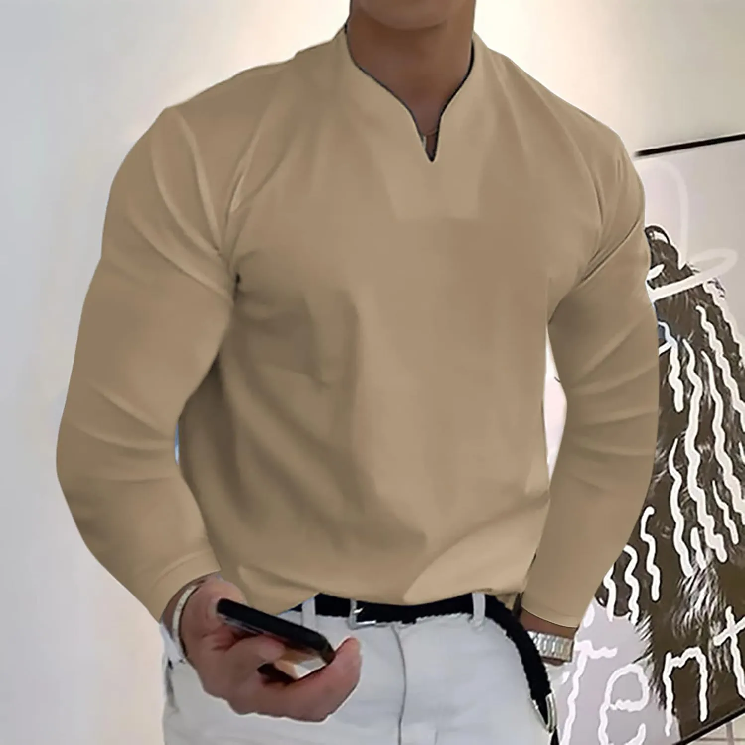 Shirts for Men Fashion Western Long Sleeve Oversized Tshirts Streetwear V Neck Shirt Big and Tall Solid Fall Clothes