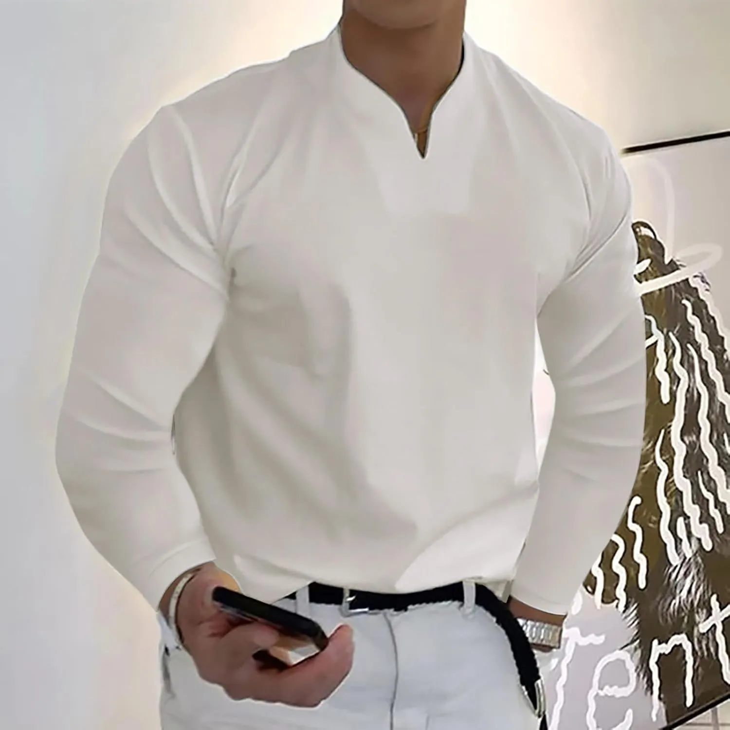 Shirts for Men Fashion Western Long Sleeve Oversized Tshirts Streetwear V Neck Shirt Big and Tall Solid Fall Clothes