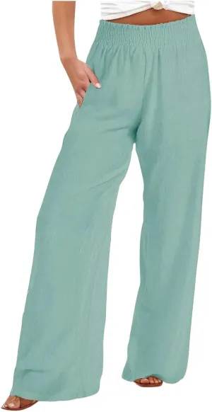 SHOPESSA Summer Pants for Women 2024 Smocked Smocked High Waisted Wide Leg Pants Lounge Palazzo Pants with Pockets