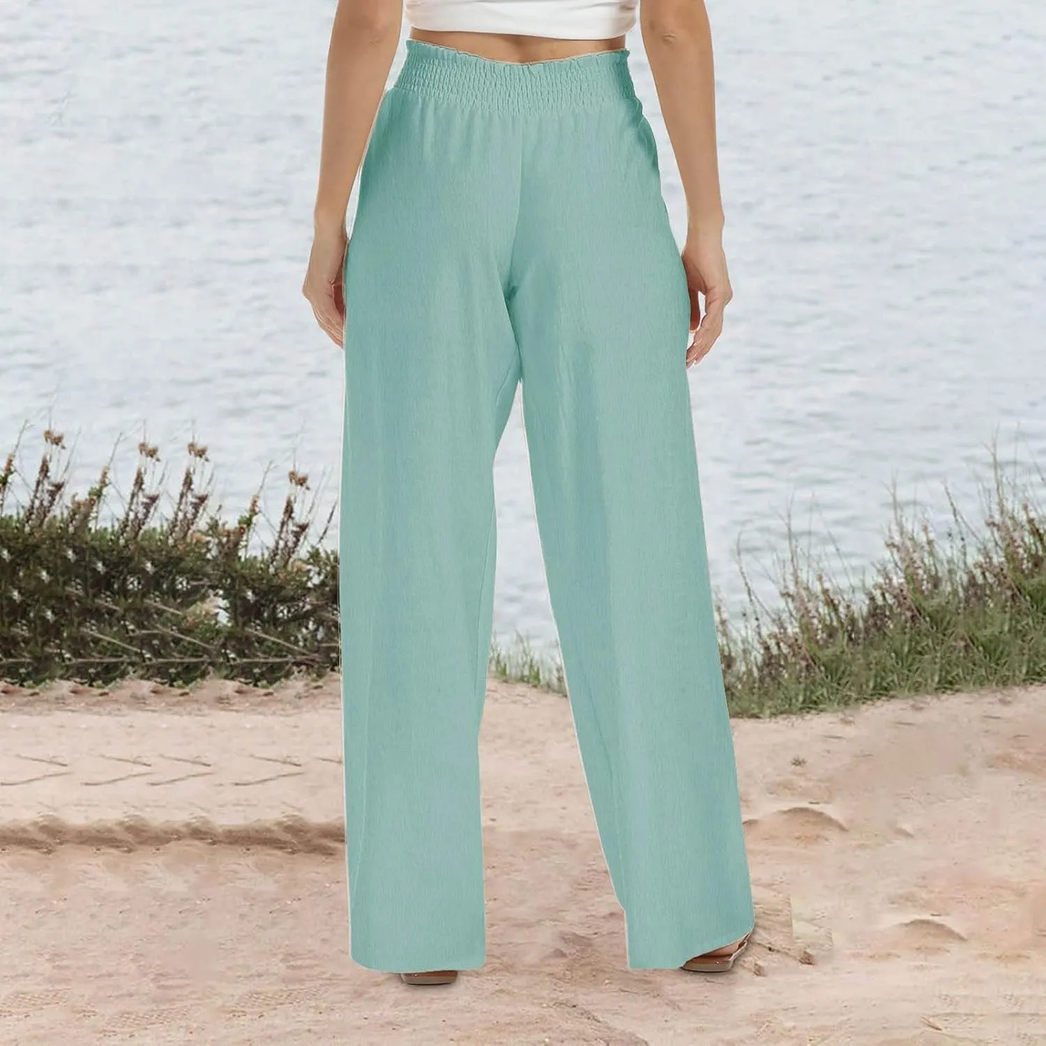 SHOPESSA Summer Pants for Women 2024 Smocked Smocked High Waisted Wide Leg Pants Lounge Palazzo Pants with Pockets