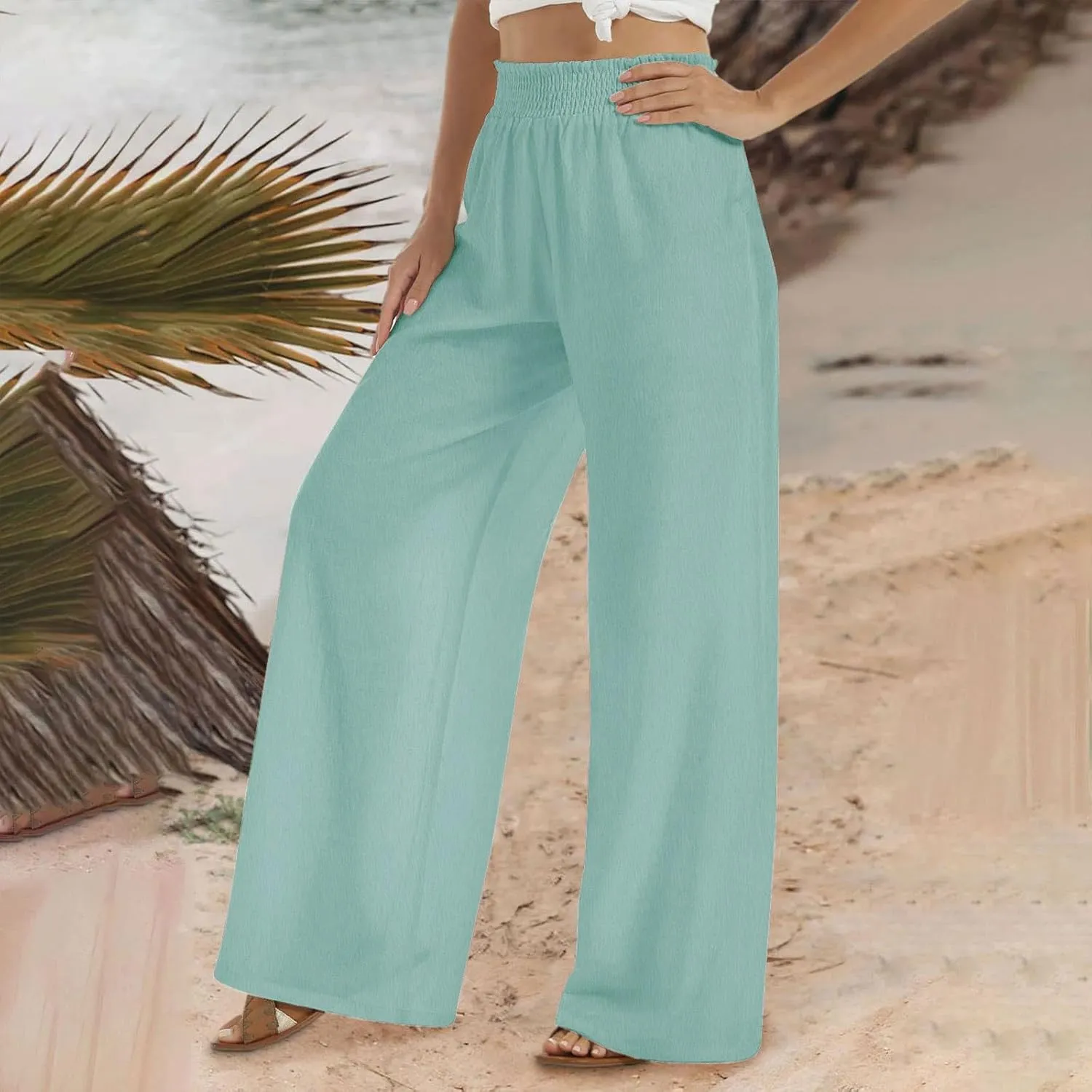 SHOPESSA Summer Pants for Women 2024 Smocked Smocked High Waisted Wide Leg Pants Lounge Palazzo Pants with Pockets