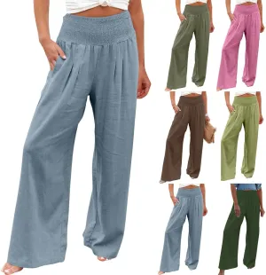 SHOPESSA Summer Pants for Women 2024 Smocked Smocked High Waisted Wide Leg Pants Lounge Palazzo Pants with Pockets