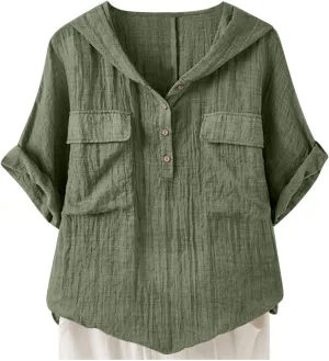 Short Sleeve Linen Hoodie for Women V-Neck Henley Shirt Summer Casual Roll Up Blouse Gauze Tunics Travel Tops