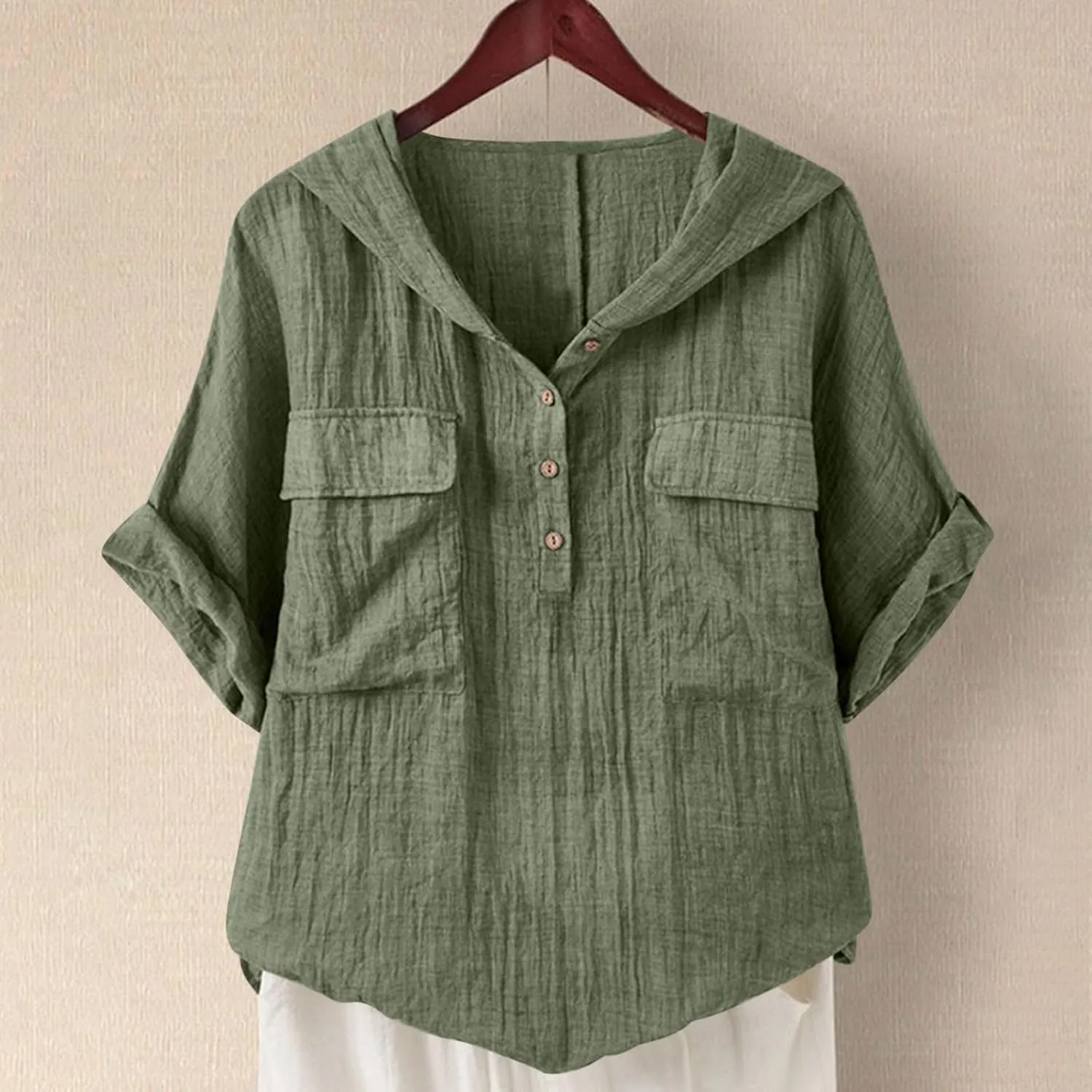 Short Sleeve Linen Hoodie for Women V-Neck Henley Shirt Summer Casual Roll Up Blouse Gauze Tunics Travel Tops