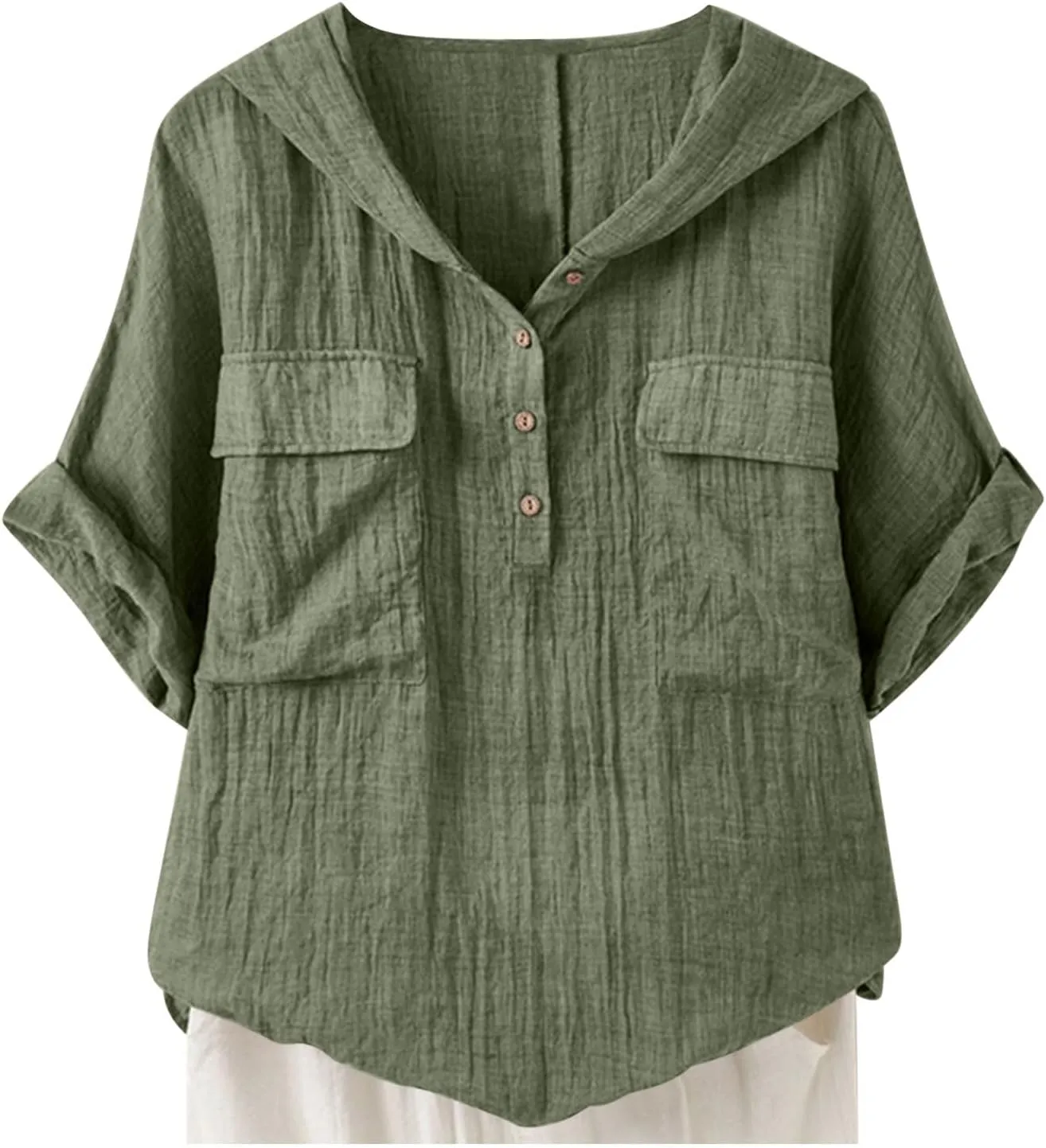 Short Sleeve Linen Hoodie for Women V-Neck Henley Shirt Summer Casual Roll Up Blouse Gauze Tunics Travel Tops