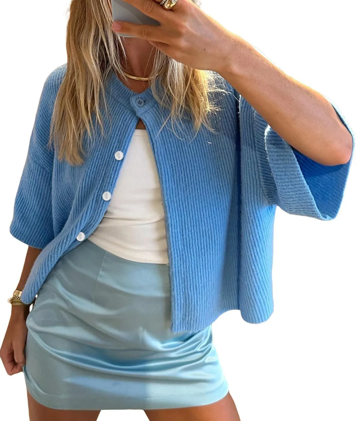 Short Sleeve Sweater Cardigans for Women Button Down Ribbed Knit Chunky Shirt Y2k Open Front Cardigan Sweaters Tops