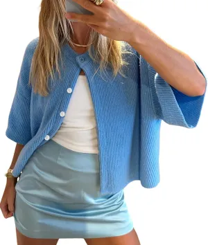 Short Sleeve Sweater Cardigans for Women Button Down Ribbed Knit Chunky Shirt Y2k Open Front Cardigan Sweaters Tops