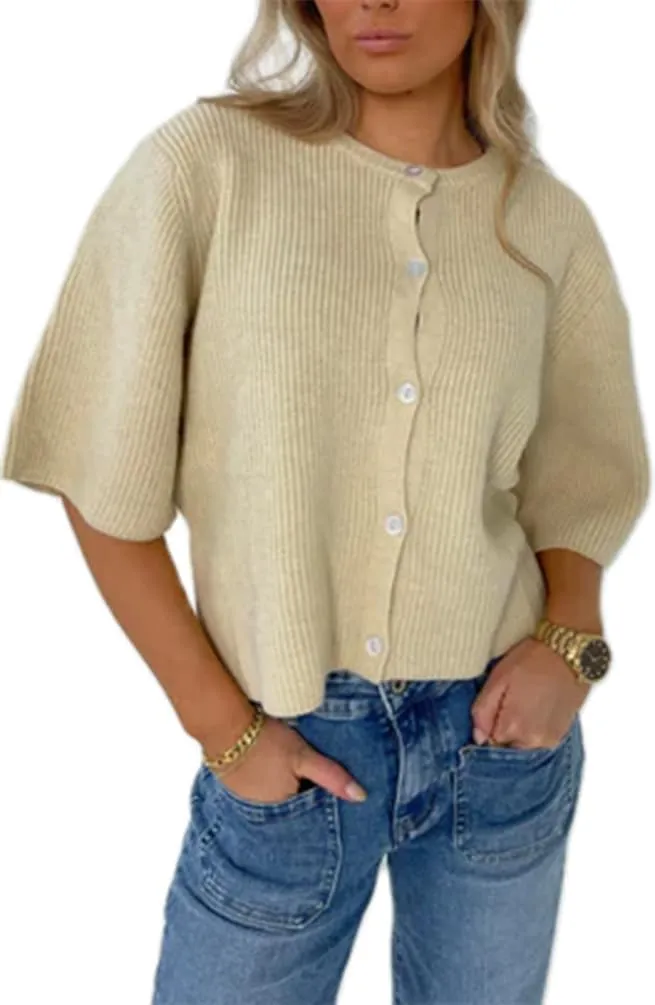 Short Sleeve Sweater Cardigans for Women Button Down Ribbed Knit Chunky Shirt Y2k Open Front Cardigan Sweaters Tops