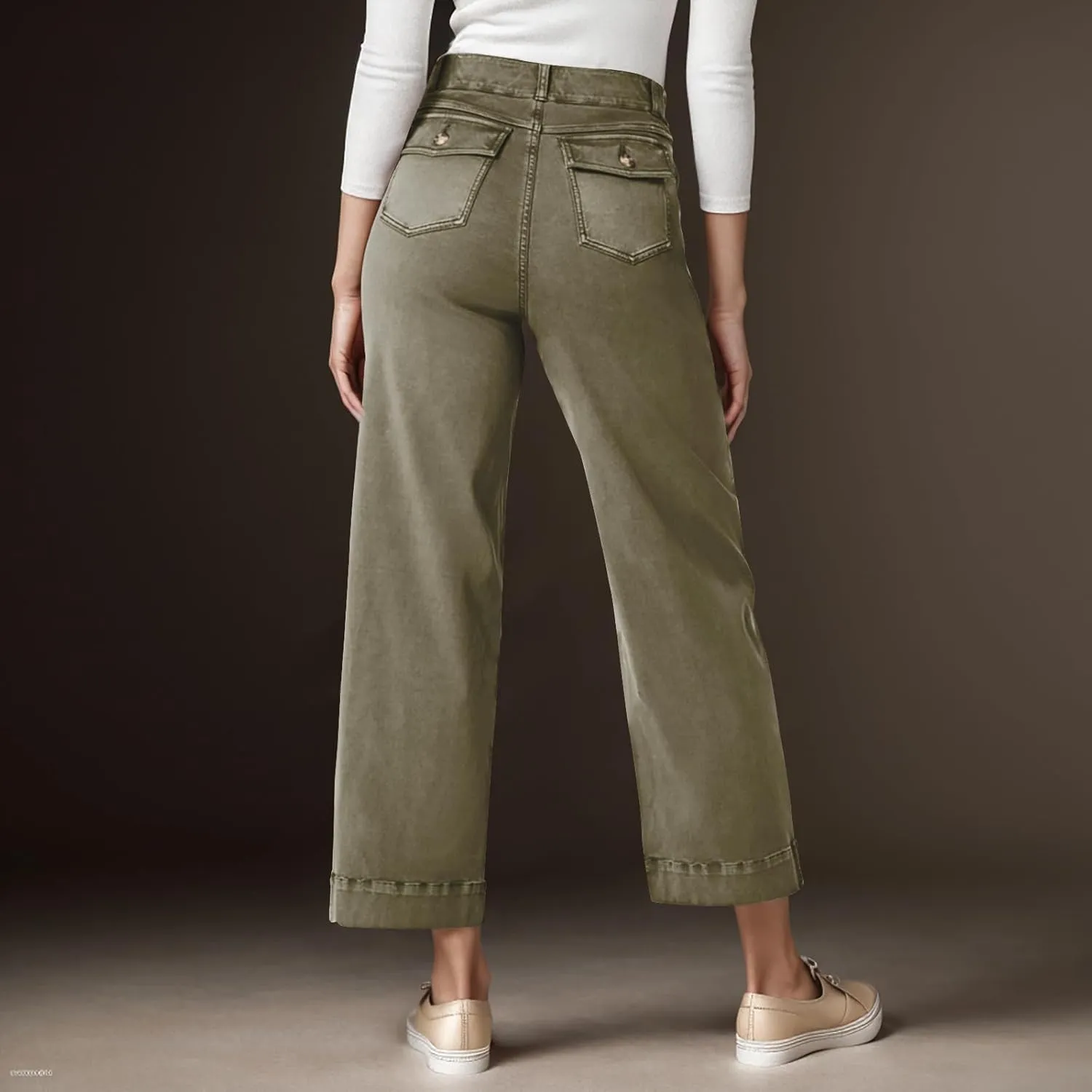 Stretch Twill Cropped Wide Leg Pant Women High Waisted Tummy Control Crop Jeans Casual Loose Straight Leg Chino Pants