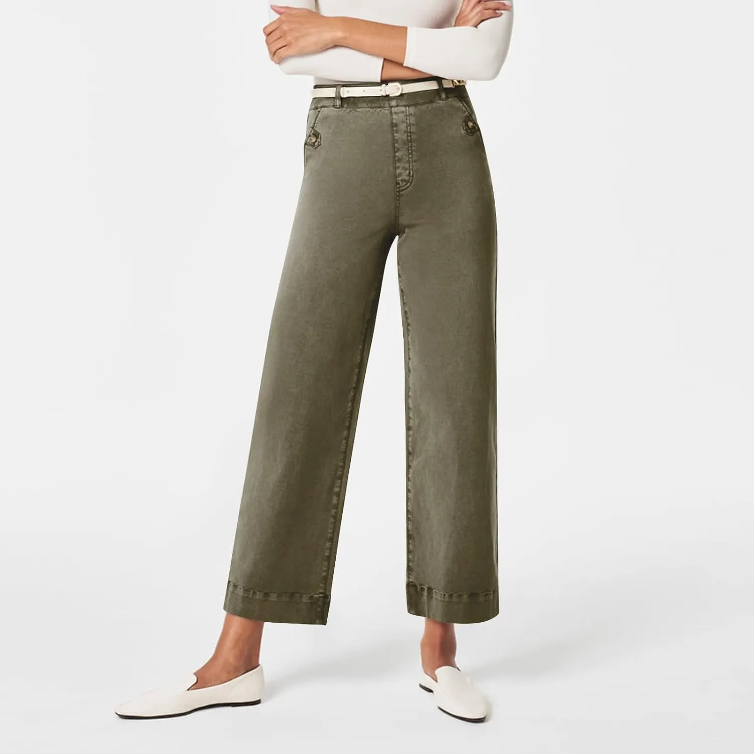 Stretch Twill Cropped Wide Leg Pant Women High Waisted Tummy Control Crop Jeans Casual Loose Straight Leg Chino Pants