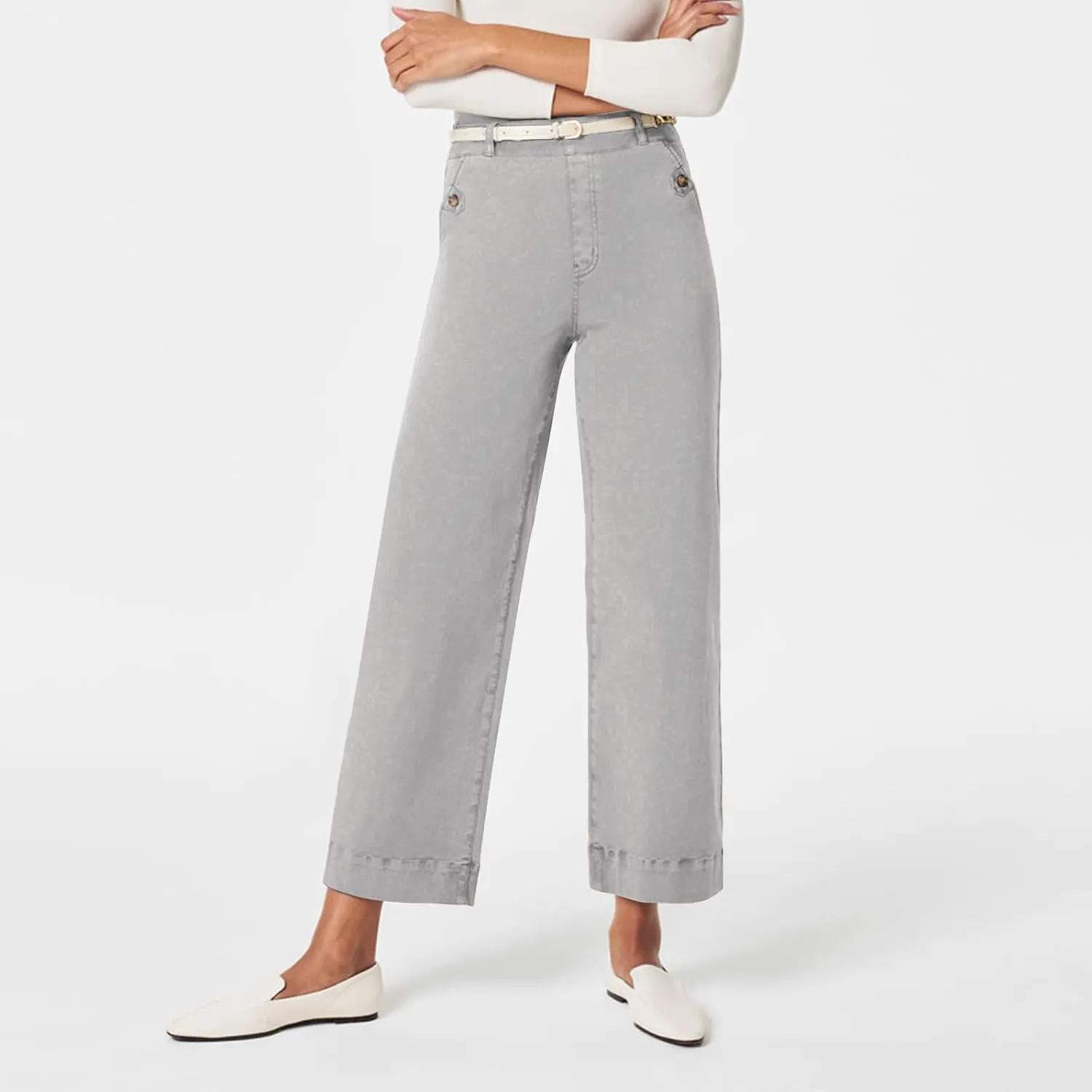 Stretch Twill Cropped Wide Leg Pant Women High Waisted Tummy Control Crop Jeans Casual Loose Straight Leg Chino Pants
