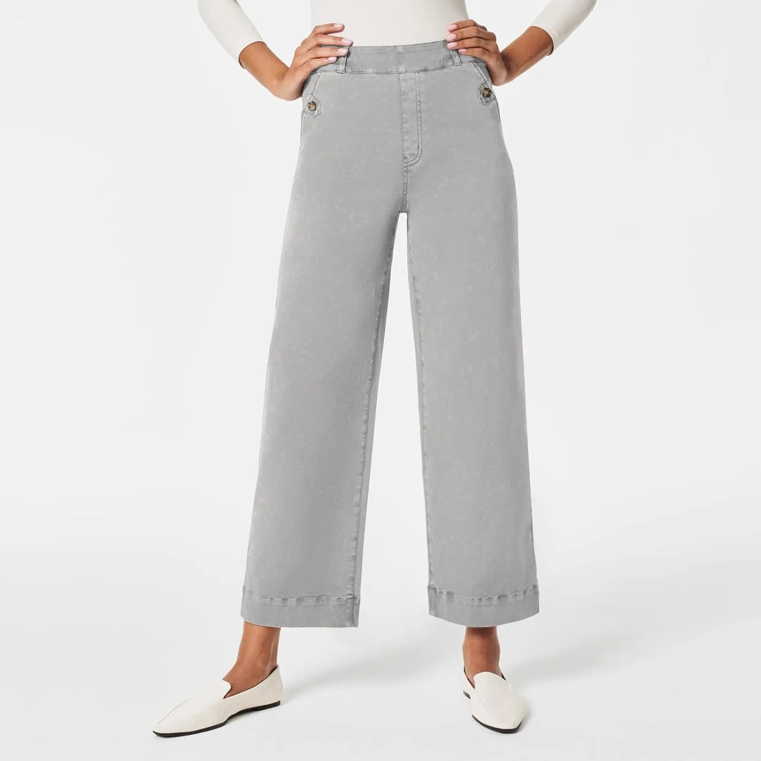 Stretch Twill Cropped Wide Leg Pant Women High Waisted Tummy Control Crop Jeans Casual Loose Straight Leg Chino Pants