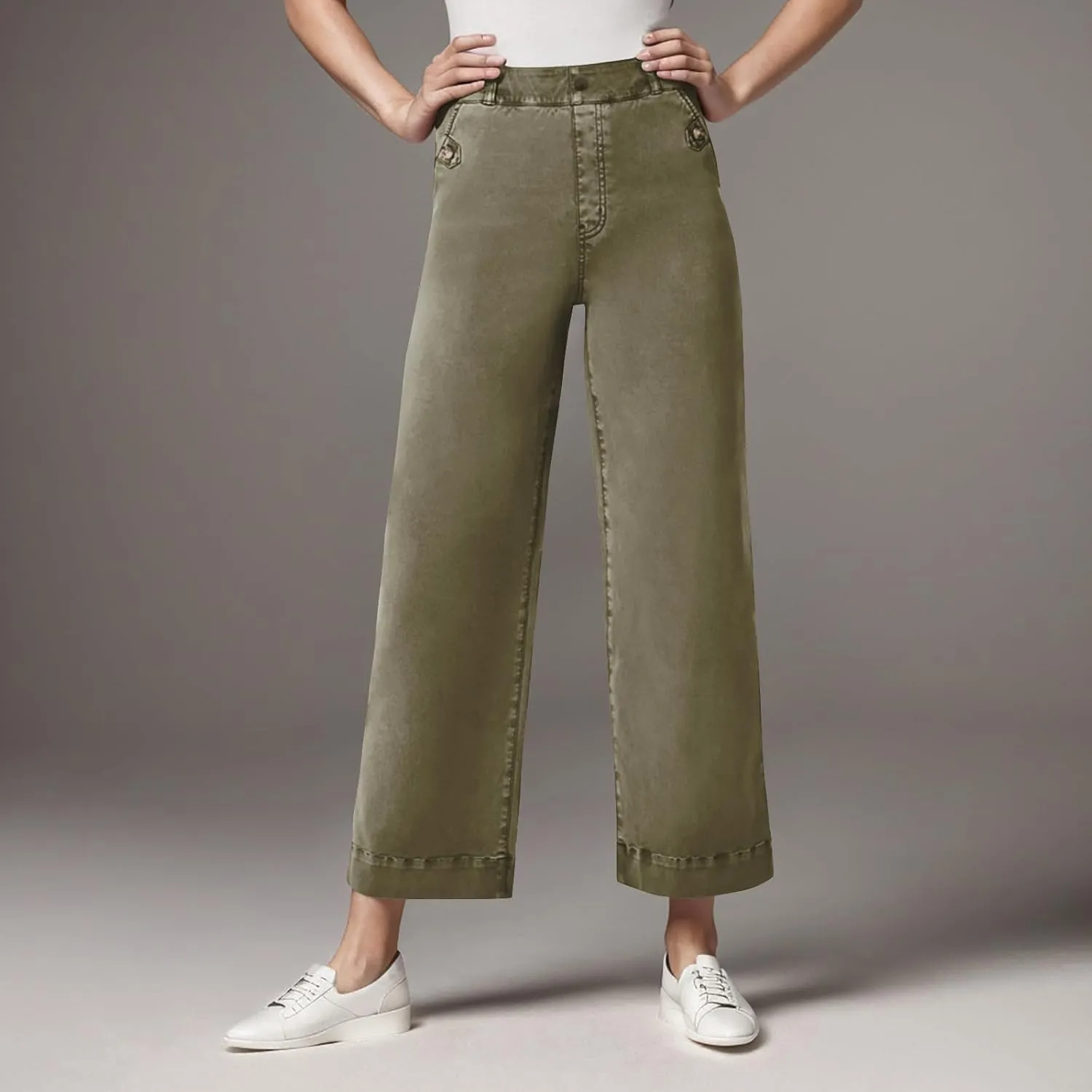 Stretch Twill Cropped Wide Leg Pant Women High Waisted Tummy Control Crop Jeans Casual Loose Straight Leg Chino Pants