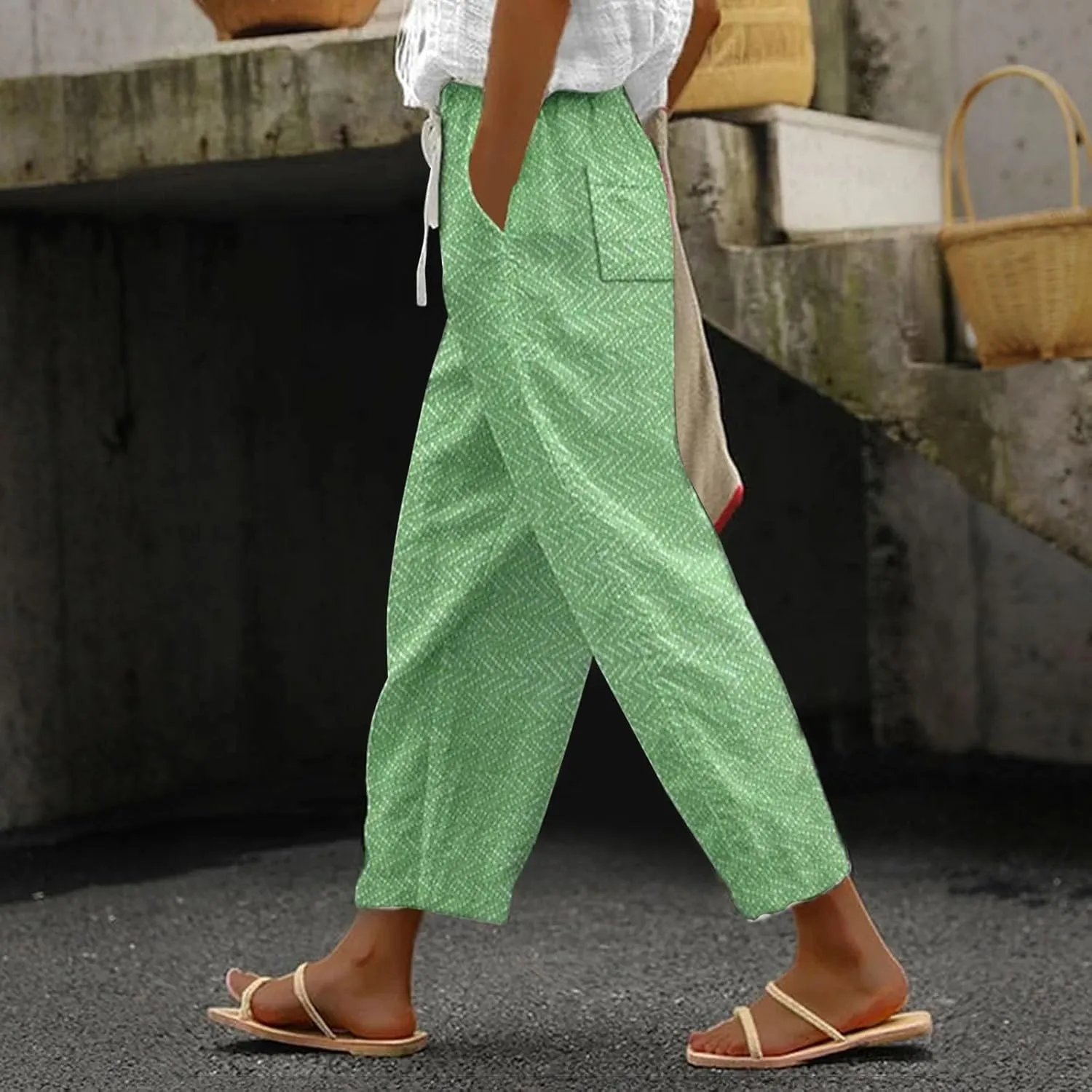 Striped Linen Capris Women Casual Drawstring Pants Striped Linen Capris Women Linen Pants Women Capri Linen
