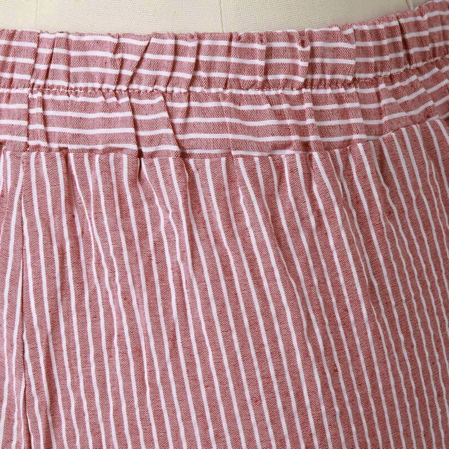 Striped Linen Pants Women Side Button Elastic Waist Capri Gauze Pants Lightweight Summer Beach Trousers with Pockets