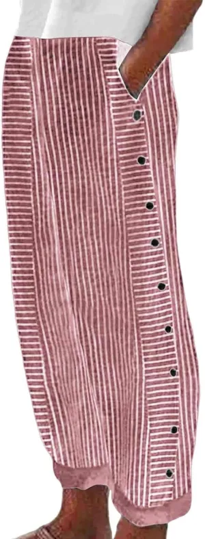 Striped Linen Pants Women Side Button Elastic Waist Capri Gauze Pants Lightweight Summer Beach Trousers with Pockets