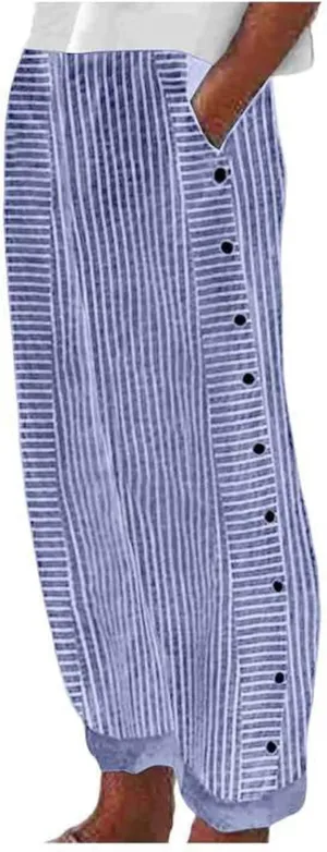 Striped Linen Pants Women Side Button Elastic Waist Capri Gauze Pants Lightweight Summer Beach Trousers with Pockets