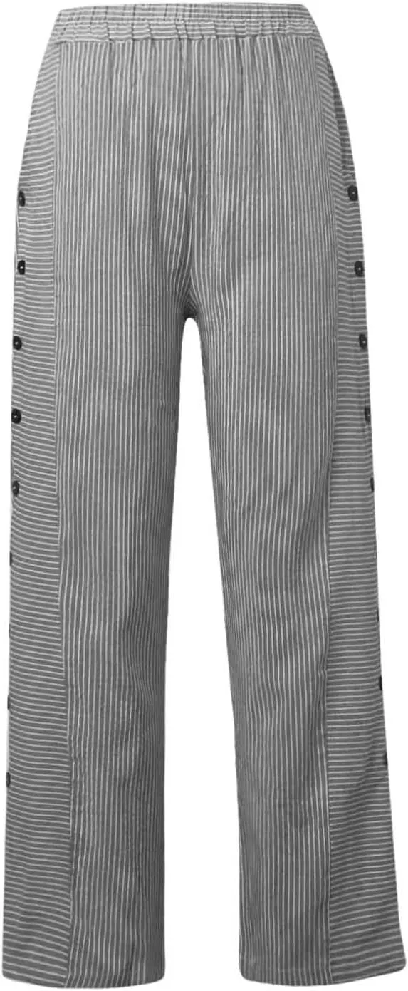 Striped Linen Pants Women Side Button Elastic Waist Capri Gauze Pants Lightweight Summer Beach Trousers with Pockets